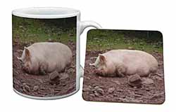 Sleeping Pig Print Mug and Coaster Set