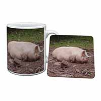 Sleeping Pig Print Mug and Coaster Set
