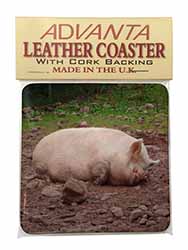 Sleeping Pig Print Single Leather Photo Coaster