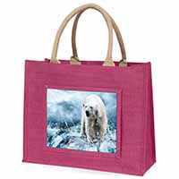 Polar Bear on Ice Water Large Pink Jute Shopping Bag