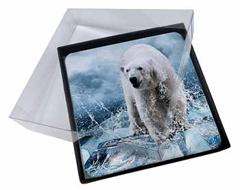 4x Polar Bear on Ice Water Picture Table Coasters Set in Gift Box