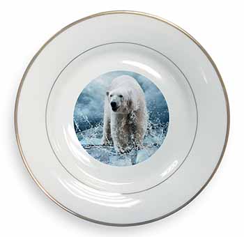 Polar Bear on Ice Water Gold Rim Plate Printed Full Colour in Gift Box