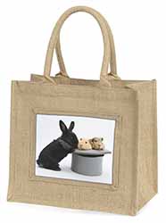 Rabbit and Guinea Pigs in Top Hat Natural/Beige Jute Large Shopping Bag