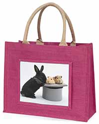 Rabbit and Guinea Pigs in Top Hat Large Pink Jute Shopping Bag