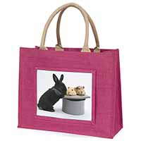 Rabbit and Guinea Pigs in Top Hat Large Pink Jute Shopping Bag