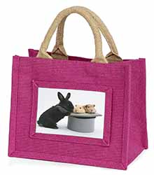 Rabbit and Guinea Pigs in Top Hat Little Girls Small Pink Jute Shopping Bag