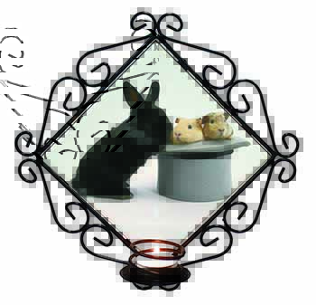 Rabbit and Guinea Pigs in Top Hat Wrought Iron Wall Art Candle Holder