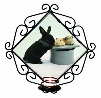 Rabbit and Guinea Pigs in Top Hat Wrought Iron Wall Art Candle Holder