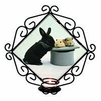 Rabbit and Guinea Pigs in Top Hat Wrought Iron Wall Art Candle Holder