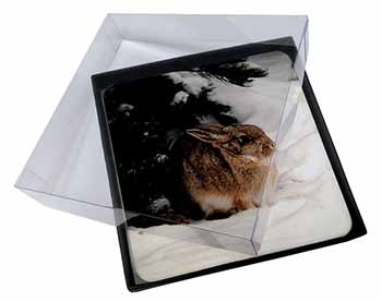 4x Rabbit in Snow Picture Table Coasters Set in Gift Box