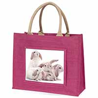 Cute White Rabbits Large Pink Jute Shopping Bag