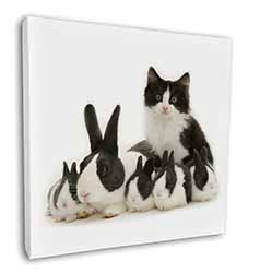 Belgian Dutch Rabbits and Kitten Square Canvas 12"x12" Wall Art Picture Print
