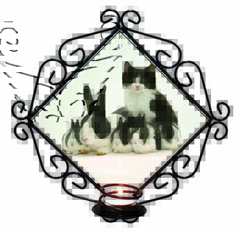 Belgian Dutch Rabbits and Kitten Wrought Iron Wall Art Candle Holder