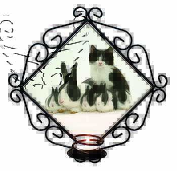 Belgian Dutch Rabbits and Kitten Wrought Iron Wall Art Candle Holder