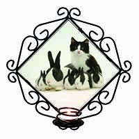 Belgian Dutch Rabbits and Kitten Wrought Iron Wall Art Candle Holder