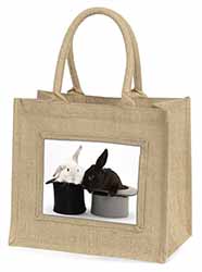 Rabbits in Top Hats Natural/Beige Jute Large Shopping Bag