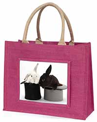 Rabbits in Top Hats Large Pink Jute Shopping Bag