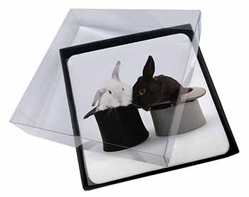4x Rabbits in Top Hats Picture Table Coasters Set in Gift Box