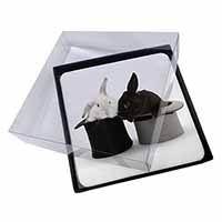 4x Rabbits in Top Hats Picture Table Coasters Set in Gift Box