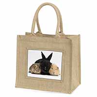 Rabbit and Guinea Pigs Print Natural/Beige Jute Large Shopping Bag