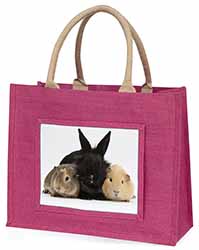 Rabbit and Guinea Pigs Print Large Pink Jute Shopping Bag