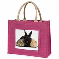 Rabbit and Guinea Pigs Print Large Pink Jute Shopping Bag