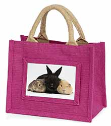 Rabbit and Guinea Pigs Print Little Girls Small Pink Jute Shopping Bag