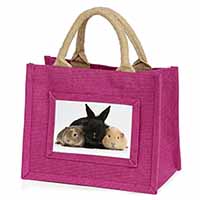Rabbit and Guinea Pigs Print Little Girls Small Pink Jute Shopping Bag