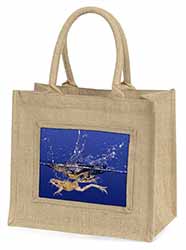 Diving Frog Natural/Beige Jute Large Shopping Bag