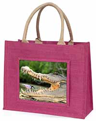 Nile Crocodile, Bird in Mouth Large Pink Jute Shopping Bag