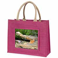 Nile Crocodile, Bird in Mouth Large Pink Jute Shopping Bag