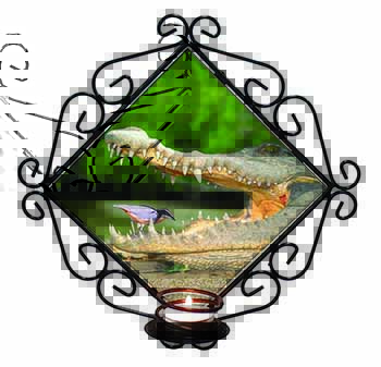Nile Crocodile, Bird in Mouth Wrought Iron Wall Art Candle Holder