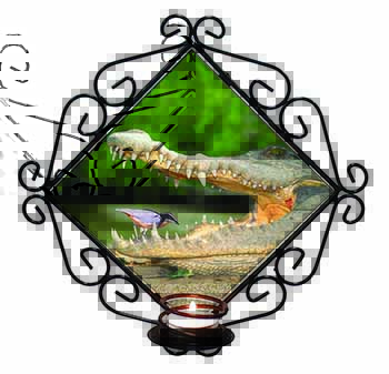 Nile Crocodile, Bird in Mouth Wrought Iron Wall Art Candle Holder