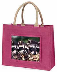 Cute Baby Racoons Large Pink Jute Shopping Bag
