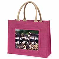 Cute Baby Racoons Large Pink Jute Shopping Bag