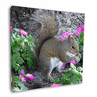 Squirrel by Flowers 12"x12" Canvas Wall Art Picture Print
