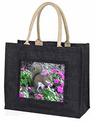 Squirrel by Flowers Large Black Jute Shopping Bag