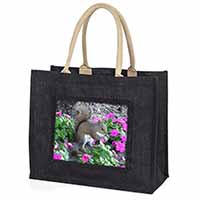 Squirrel by Flowers Large Black Jute Shopping Bag