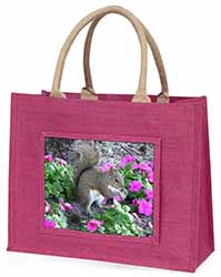 Squirrel by Flowers Large Pink Jute Shopping Bag