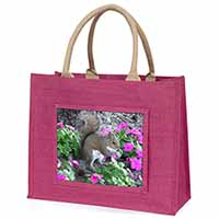 Squirrel by Flowers Large Pink Jute Shopping Bag