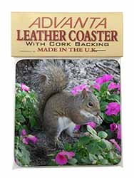 Squirrel by Flowers Single Leather Photo Coaster