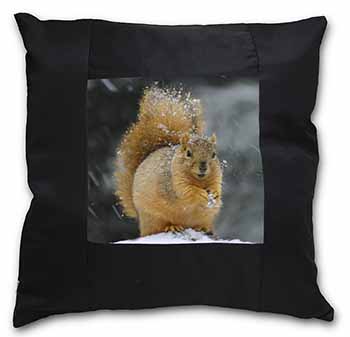 Red Squirrel in Snow Black Satin Feel Scatter Cushion