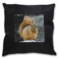 Red Squirrel in Snow Black Satin Feel Scatter Cushion