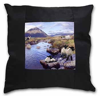 Border Collie on Sheep Watch Black Satin Feel Scatter Cushion