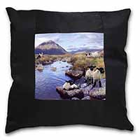 Border Collie on Sheep Watch Black Satin Feel Scatter Cushion
