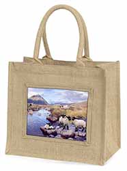 Border Collie on Sheep Watch Natural/Beige Jute Large Shopping Bag