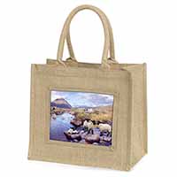 Border Collie on Sheep Watch Natural/Beige Jute Large Shopping Bag