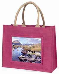 Border Collie on Sheep Watch Large Pink Jute Shopping Bag