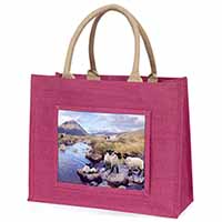 Border Collie on Sheep Watch Large Pink Jute Shopping Bag