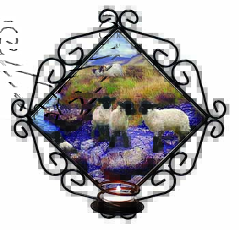 Border Collie on Sheep Watch Wrought Iron Wall Art Candle Holder